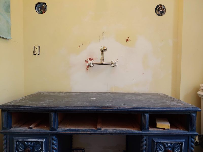 Carved vanity base before the top was added